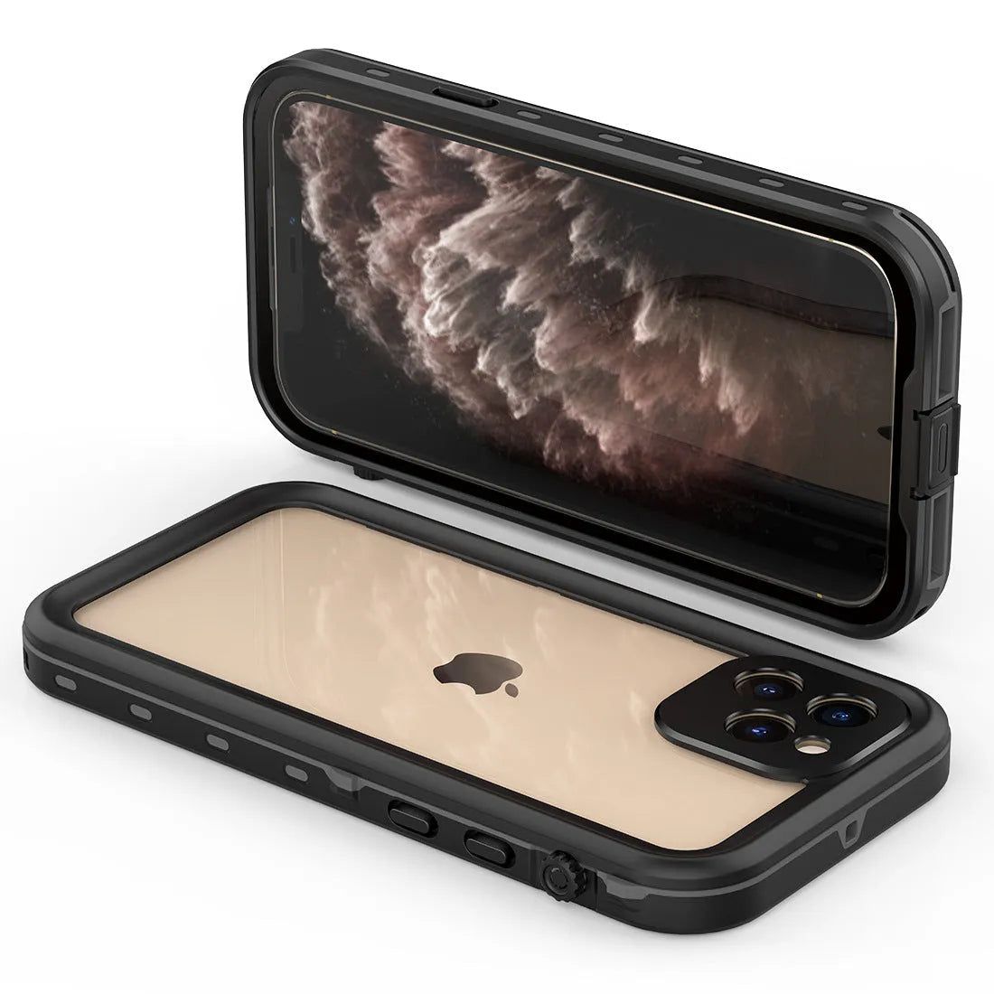 FREDPEPPER IP68 waterproof shockproof case for iPhone in black, blue, and red.