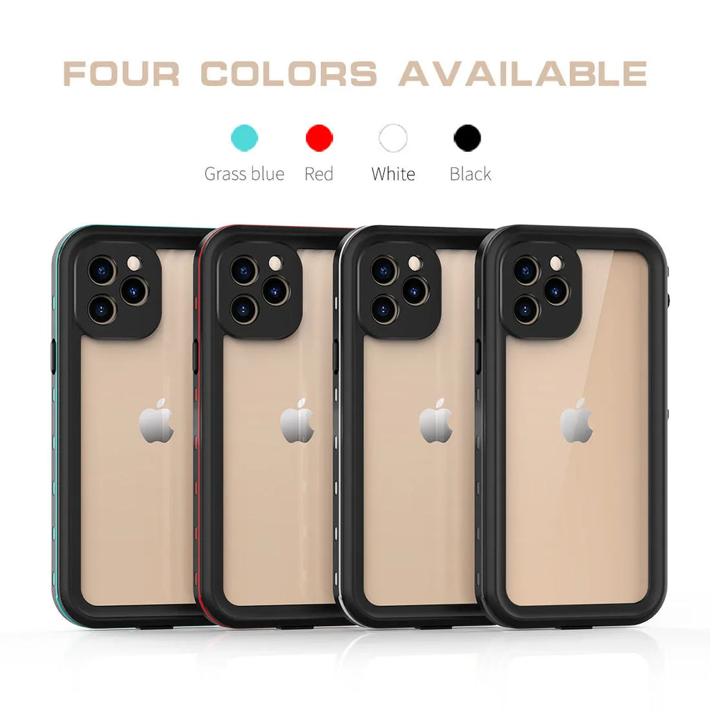 FREDPEPPER IP68 waterproof shockproof case for iPhone in black, blue, and red.
