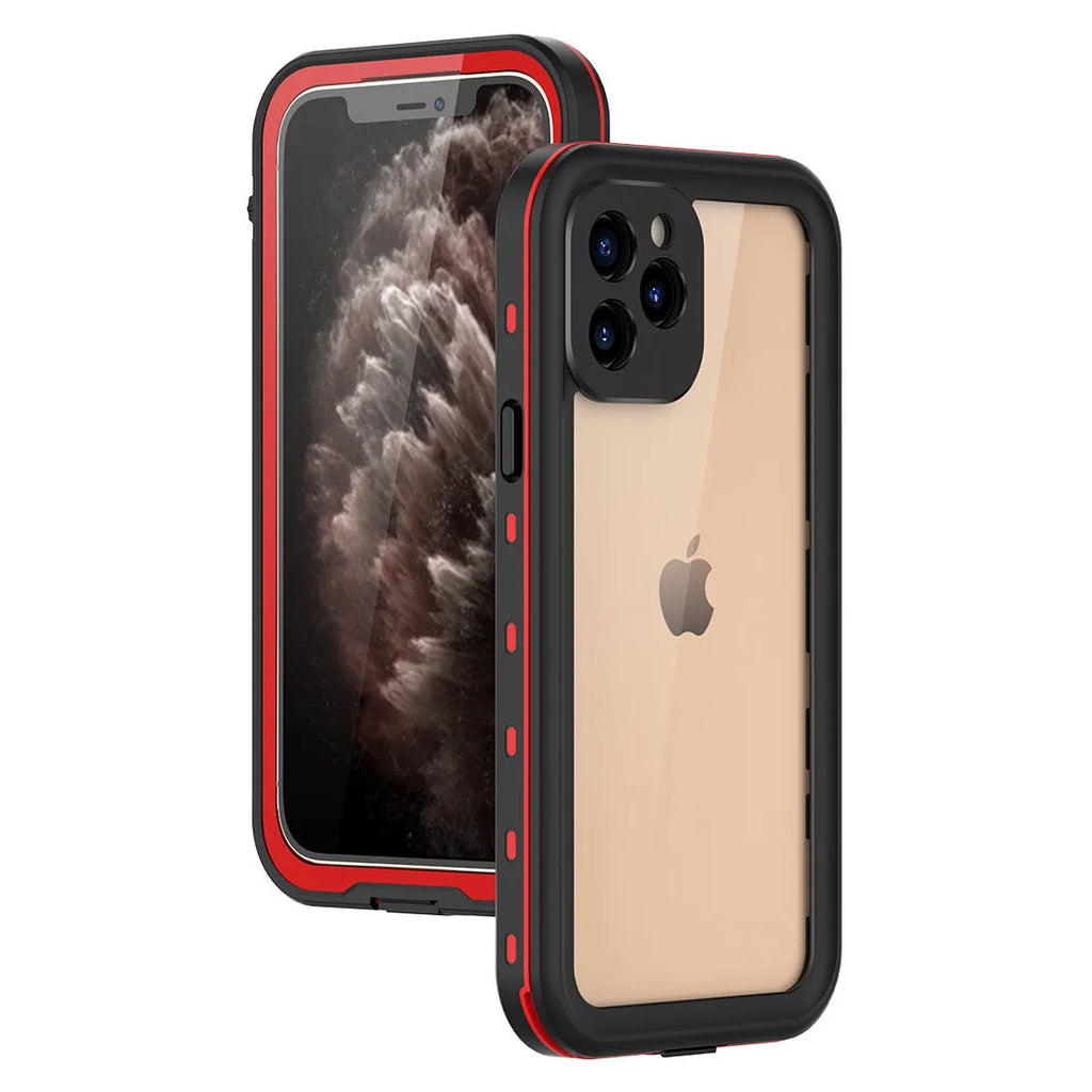 FREDPEPPER IP68 waterproof shockproof case for iPhone in black, blue, and red.