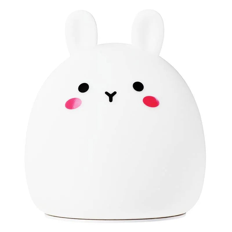Silicone cute rabbit-shaped rechargeable night light showing colour change options and compact size.