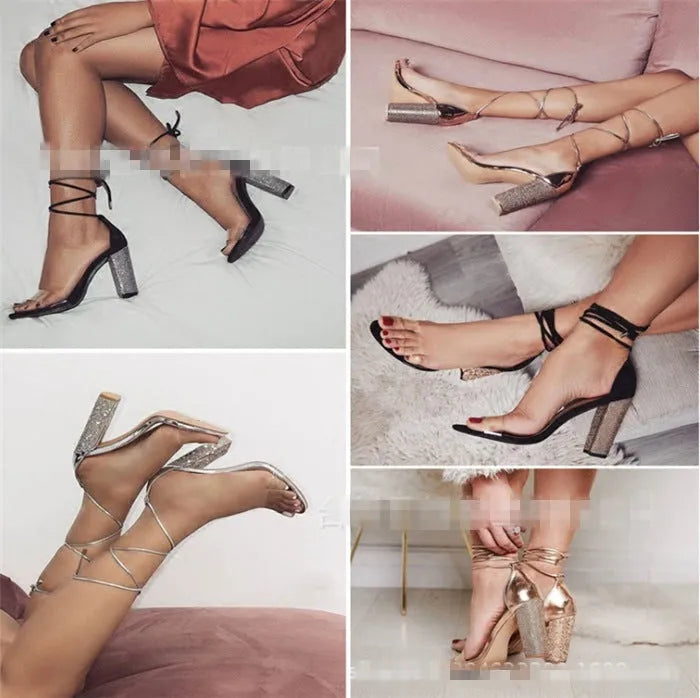 Black and gold pointed-toe high heels with plastic construction, shown in sizes 36-41