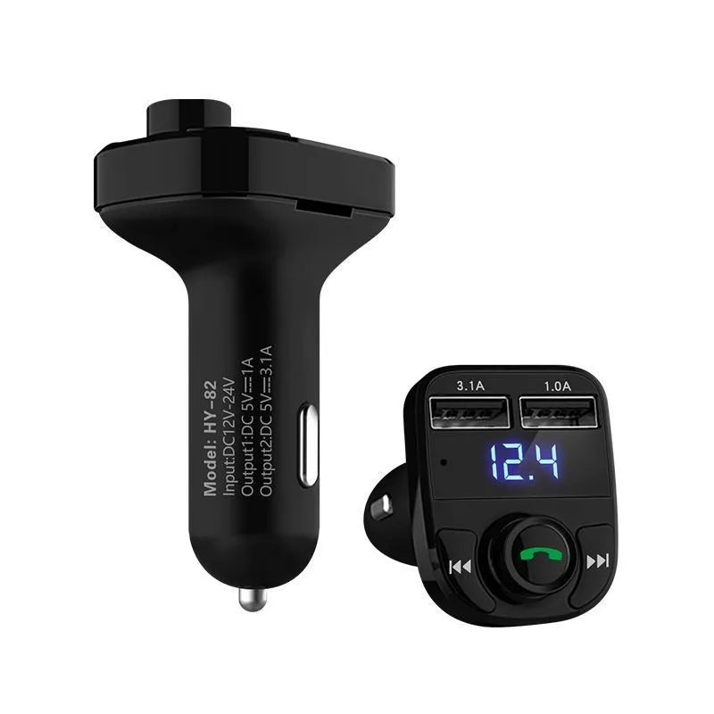 HY82 car Bluetooth MP3 player and hands-free kit with dual USB ports plugged into a car cigarette lighter.