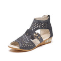 Women's beige rivet flat sandals with back zipper and fish mouth toe, showing 1-3cm wedge heel