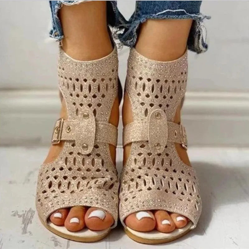 Women's beige rivet flat sandals with back zipper and fish mouth toe, showing 1-3cm wedge heel