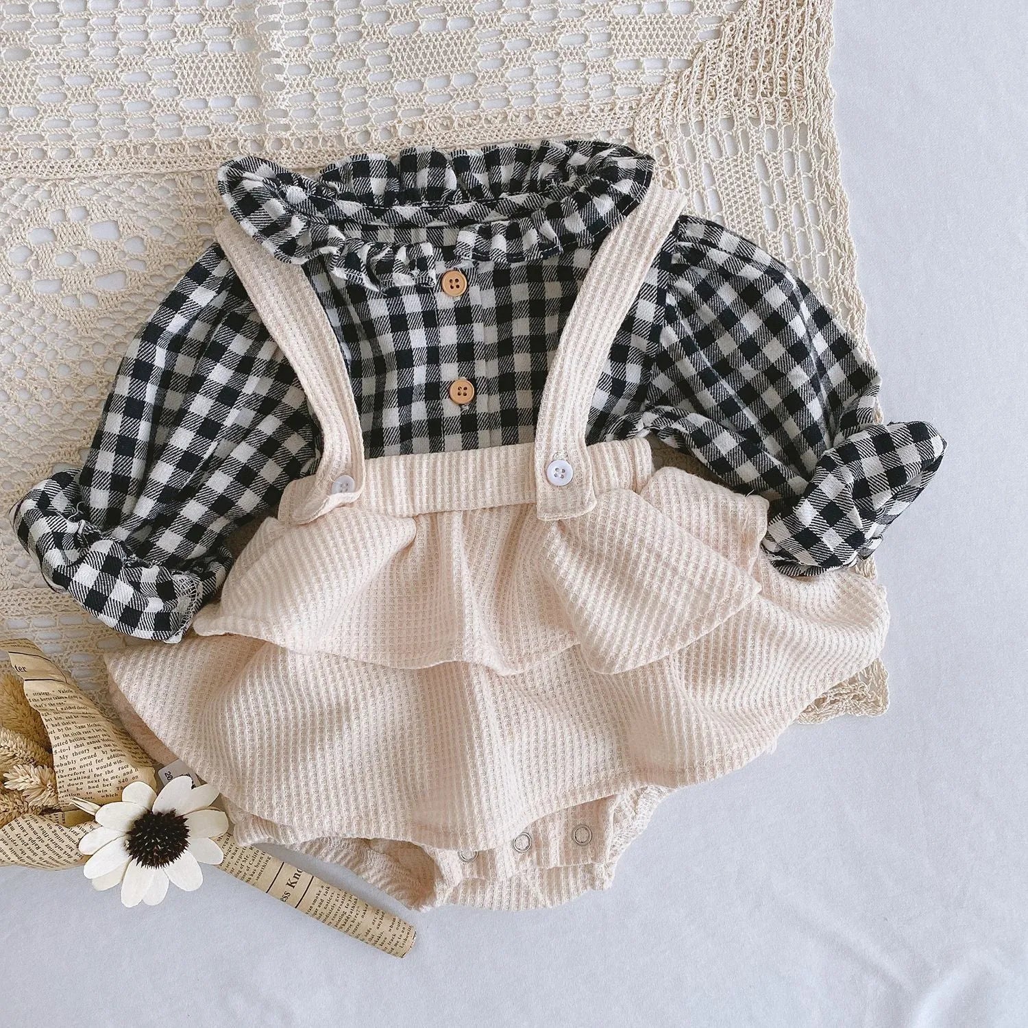 Baby romper with triangle climb sling design and pleated lotus leaf detail for 0-2 year olds