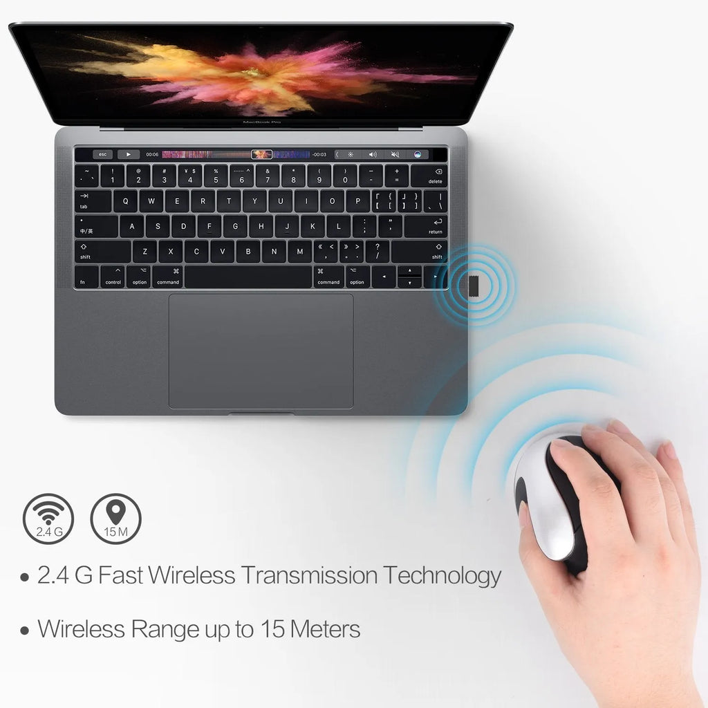 Black vertical rechargeable wireless mouse, 2400dpi optical sensor, six gears, 2.4GHz USB, 10.4 x 7.3 x 6cm