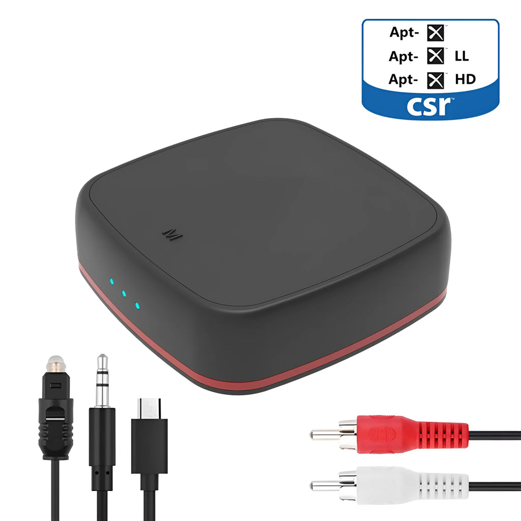 Black square Bluetooth 5.0 audio adapter with optical and AUX ports for wireless music streaming.