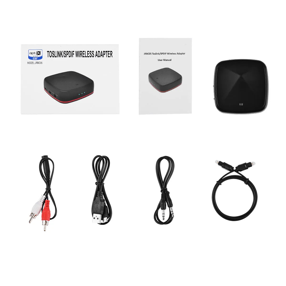Black square Bluetooth 5.0 audio adapter with optical and AUX ports for wireless music streaming.