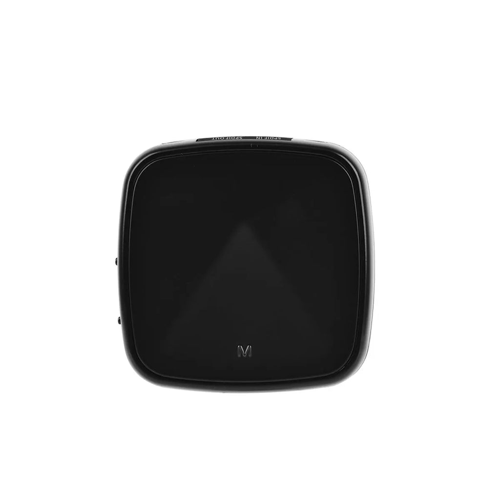 Black square Bluetooth 5.0 audio adapter with optical and AUX ports for wireless music streaming.