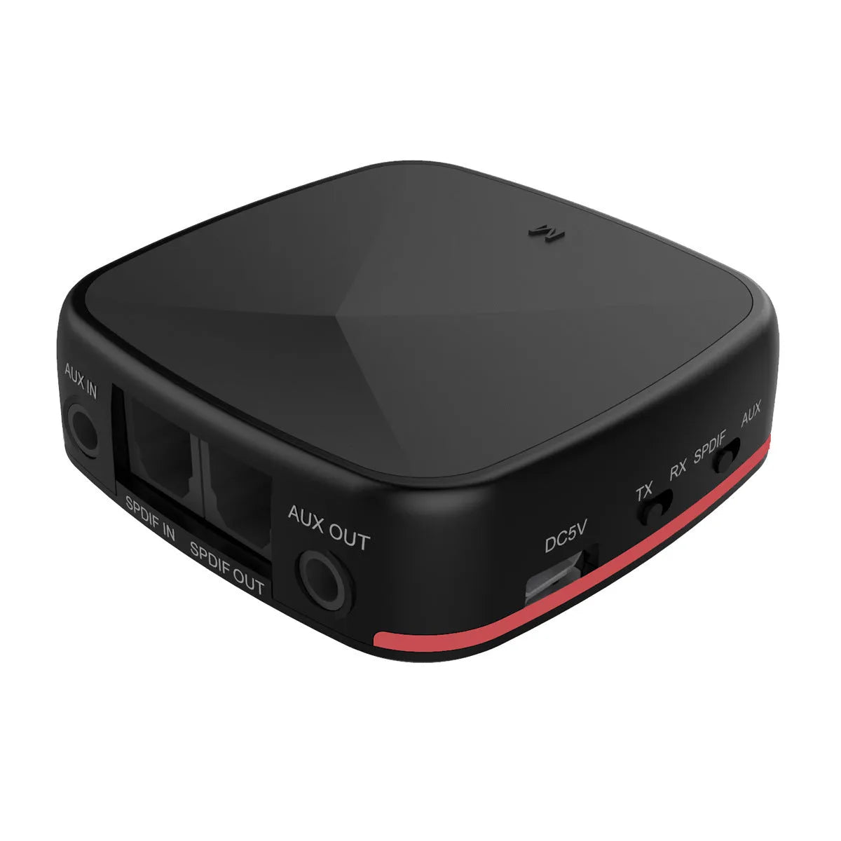 Black square Bluetooth 5.0 audio adapter with optical and AUX ports for wireless music streaming.