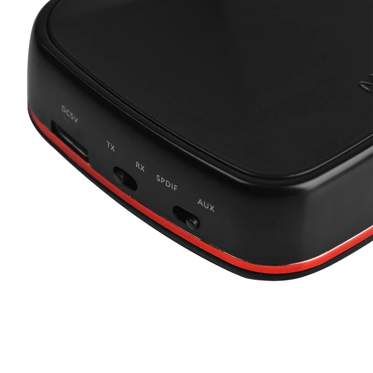 Black square Bluetooth 5.0 audio adapter with optical and AUX ports for wireless music streaming.