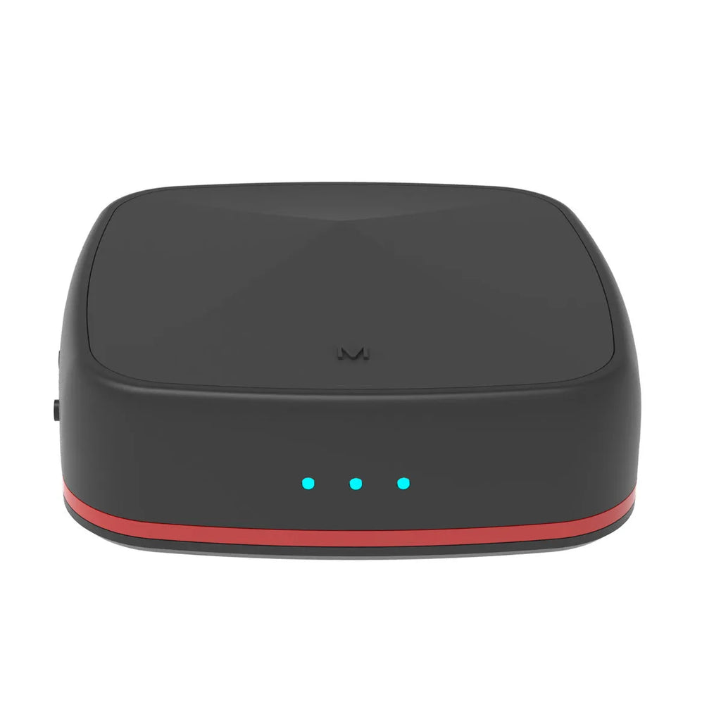 Black square Bluetooth 5.0 audio adapter with optical and AUX ports for wireless music streaming.