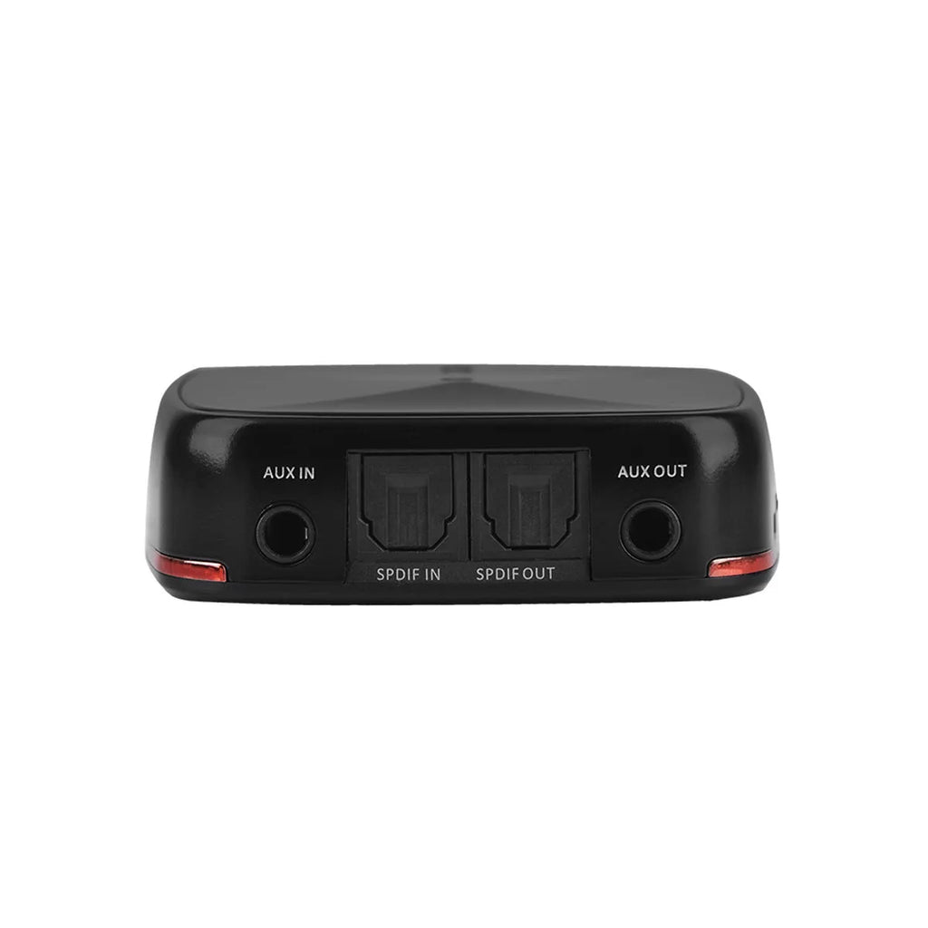 Black square Bluetooth 5.0 audio adapter with optical and AUX ports for wireless music streaming.