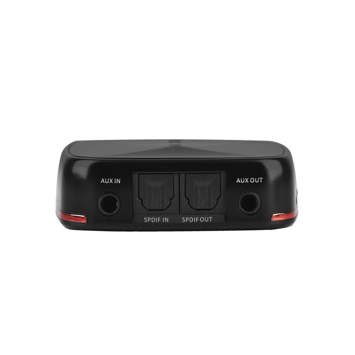 Black square Bluetooth 5.0 audio adapter with optical and AUX ports for wireless music streaming.
