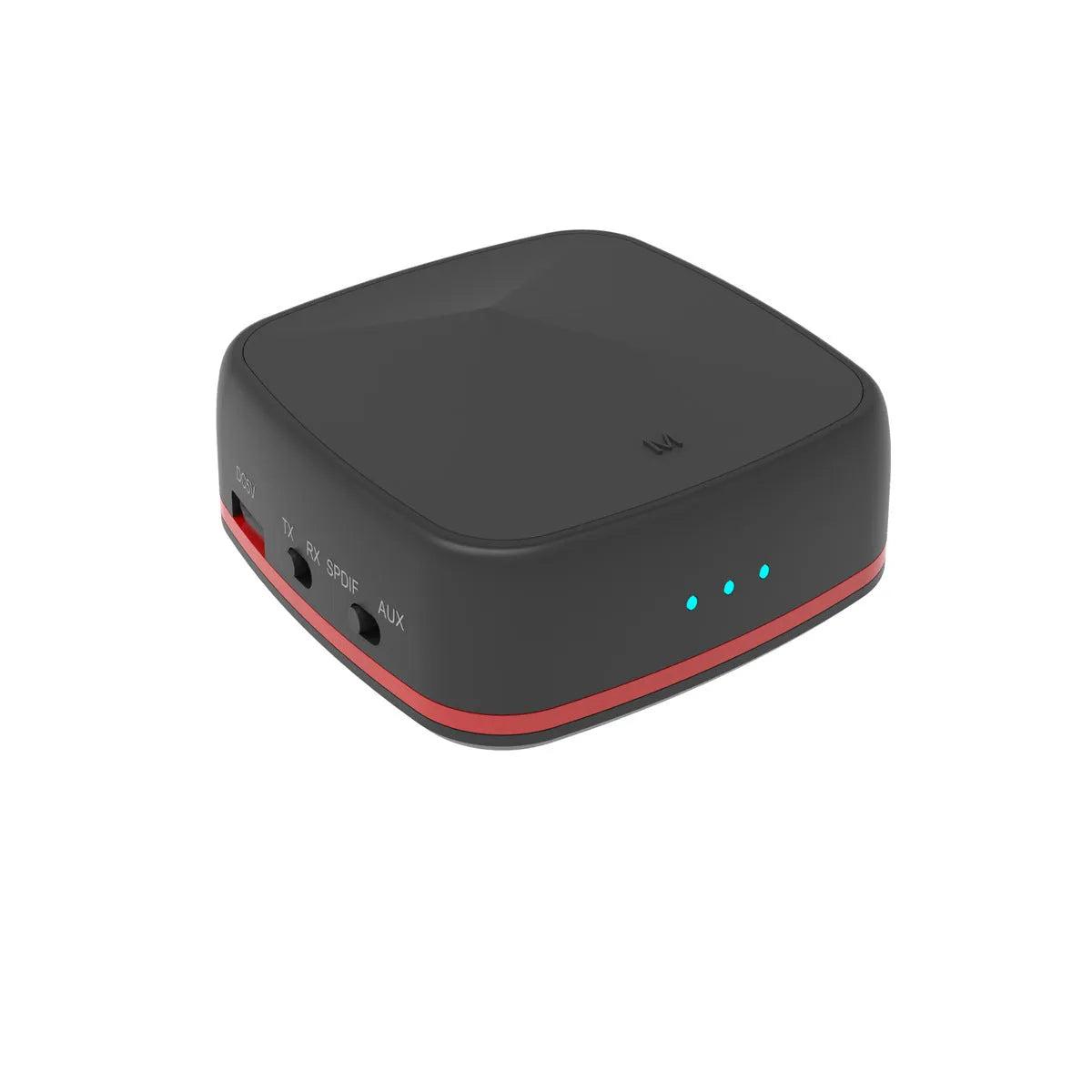 Black square Bluetooth 5.0 audio adapter with optical and AUX ports for wireless music streaming.