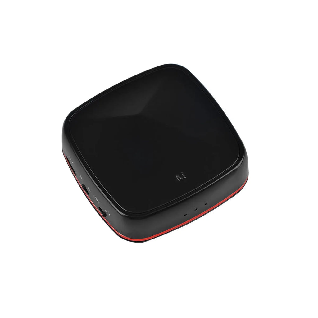Black square Bluetooth 5.0 audio adapter with optical and AUX ports for wireless music streaming.