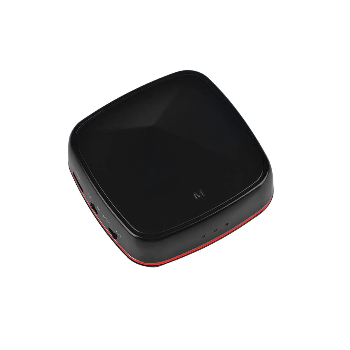 Black square Bluetooth 5.0 audio adapter with optical and AUX ports for wireless music streaming.
