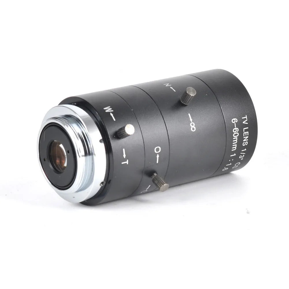Black manual aperture 6-60mm CS mount camera lens with zoom and focus rings for surveillance cameras