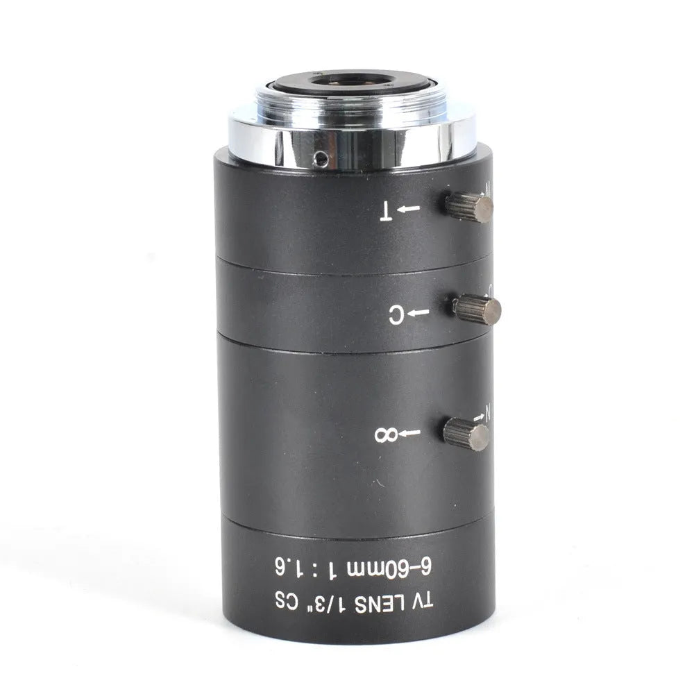 Black manual aperture 6-60mm CS mount camera lens with zoom and focus rings for surveillance cameras