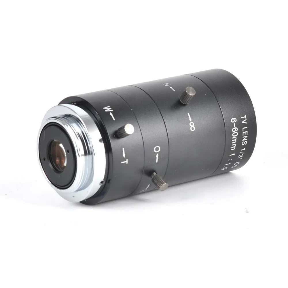 Black manual aperture 6-60mm CS mount camera lens with zoom and focus rings for surveillance cameras