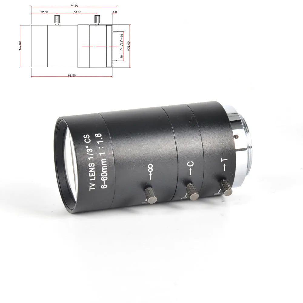 Black manual aperture 6-60mm CS mount camera lens with zoom and focus rings for surveillance cameras