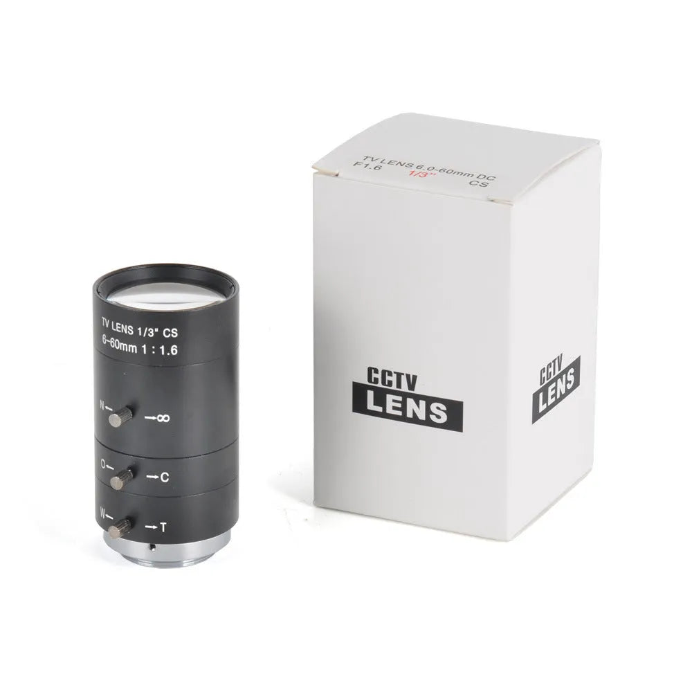 Black manual aperture 6-60mm CS mount camera lens with zoom and focus rings for surveillance cameras