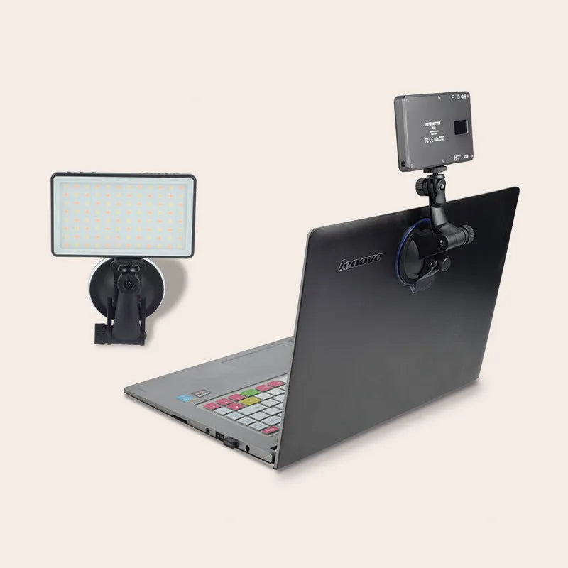 Black LED video light with 96 LEDs, aluminium alloy body, and Type-C port for laptop conferences