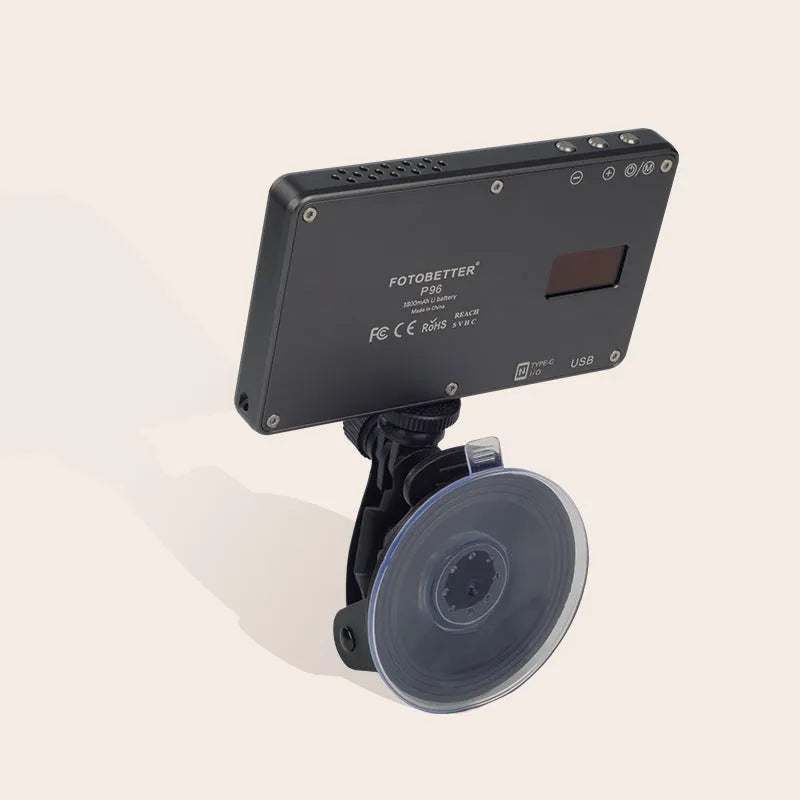 Black LED video light with 96 LEDs, aluminium alloy body, and Type-C port for laptop conferences