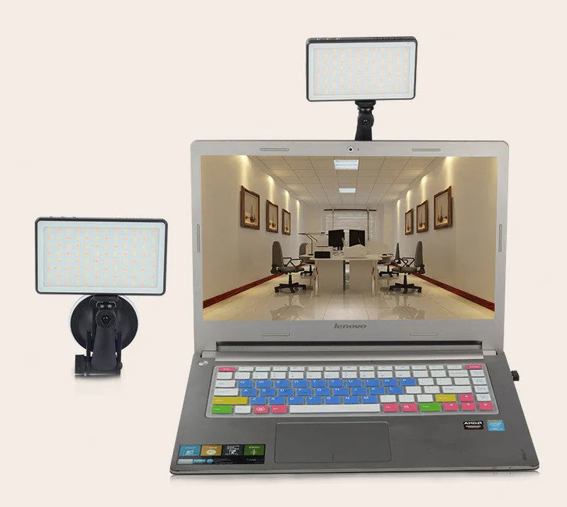Black LED video light with 96 LEDs, aluminium alloy body, and Type-C port for laptop conferences