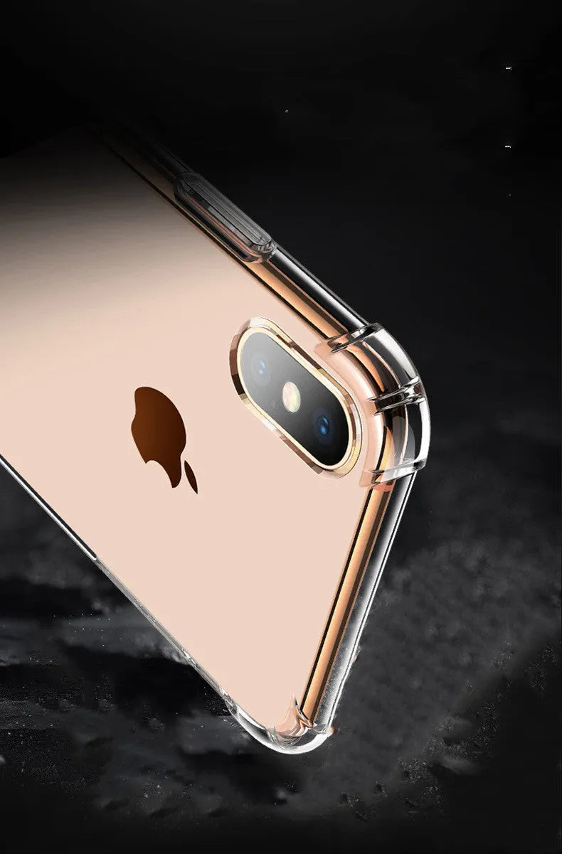 Transparent white silicone shockproof case fitted on an iPhone showing precise cutouts for camera and ports.