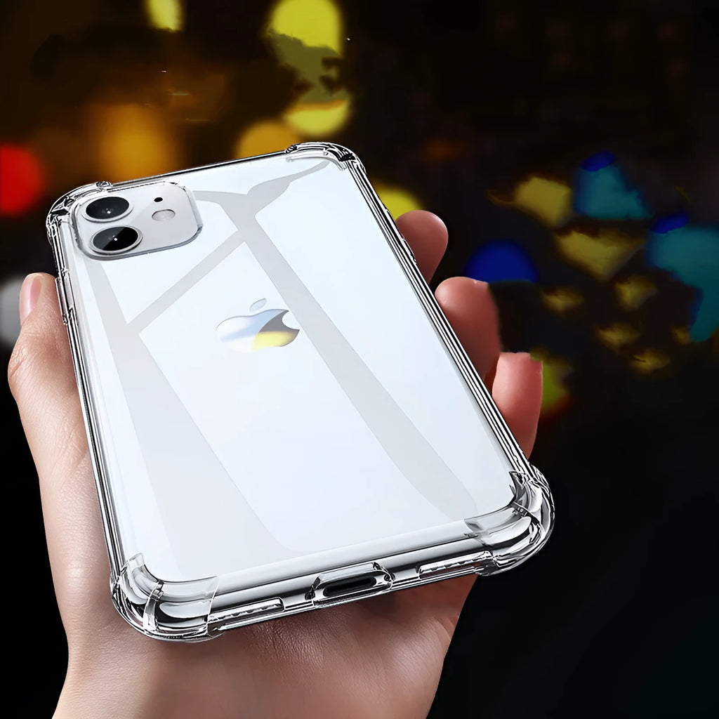 Transparent white silicone shockproof case fitted on an iPhone showing precise cutouts for camera and ports.