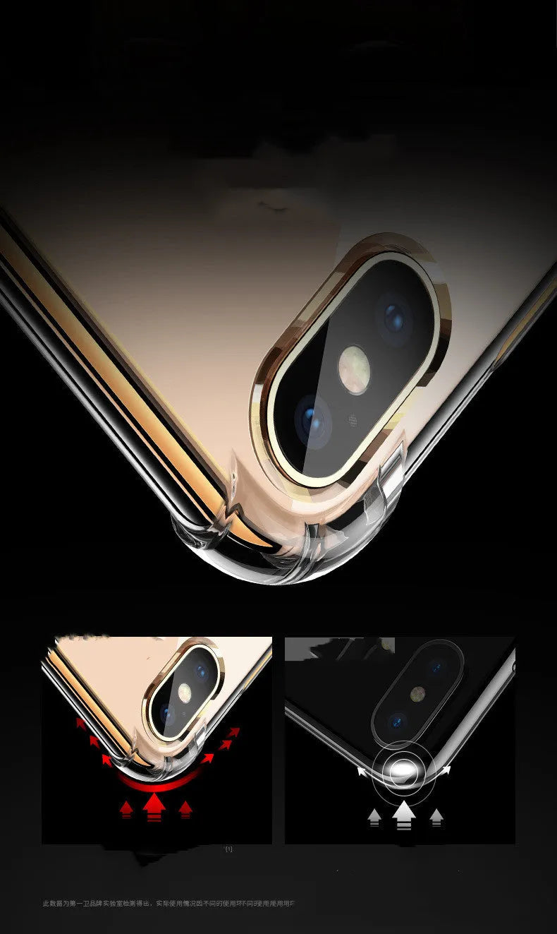Transparent white silicone shockproof case fitted on an iPhone showing precise cutouts for camera and ports.