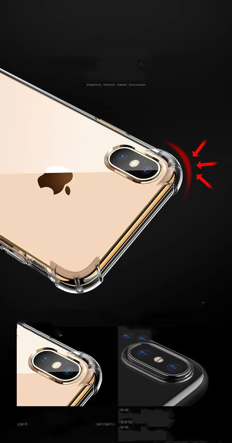 Transparent white silicone shockproof case fitted on an iPhone showing precise cutouts for camera and ports.