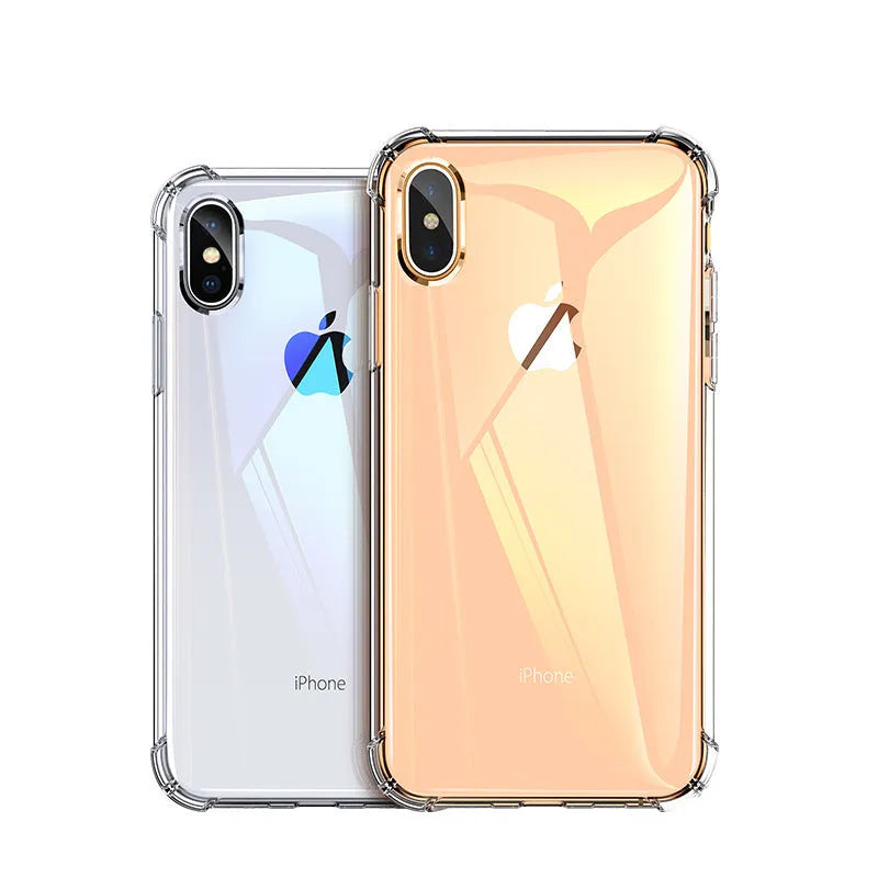 Transparent white silicone shockproof case fitted on an iPhone showing precise cutouts for camera and ports.