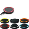 Square wireless phone charger in multiple colours showing Qi logo and 5W output specifications
