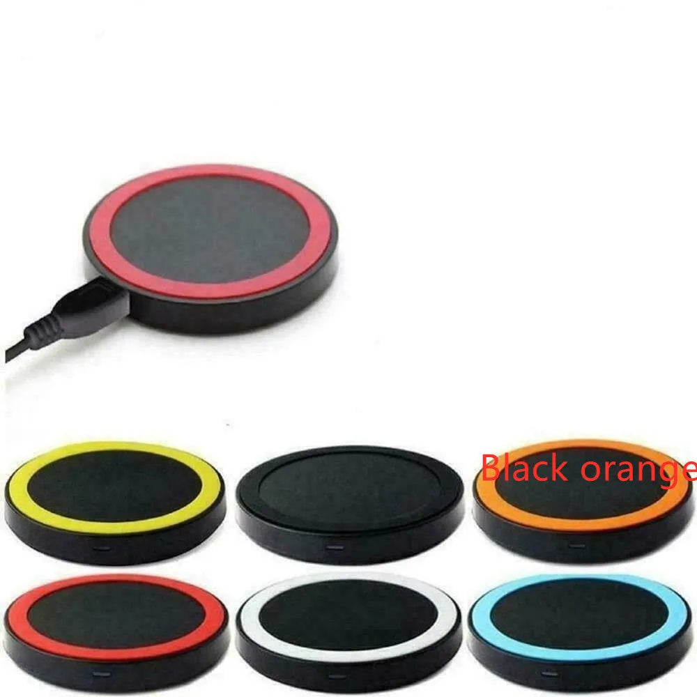 Square wireless phone charger in multiple colours showing Qi logo and 5W output specifications