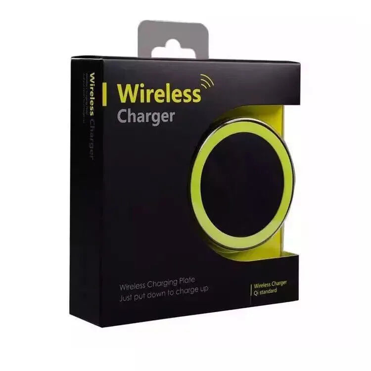 Square wireless phone charger in multiple colours showing Qi logo and 5W output specifications