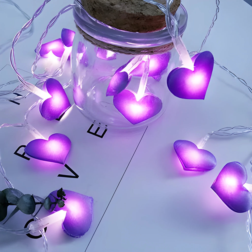 Pink and purple love heart fairy string lights with battery pack for bedroom and event decoration