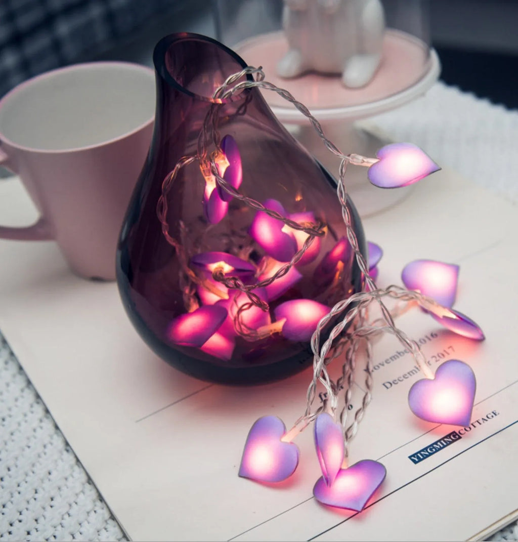 Pink and purple love heart fairy string lights with battery pack for bedroom and event decoration