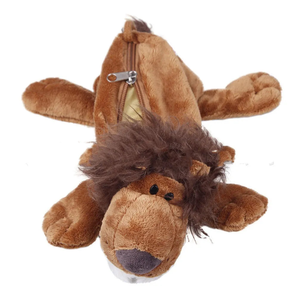 Round plush pencil case with Korean cartoon animal design, showing soft texture and dimensions.
