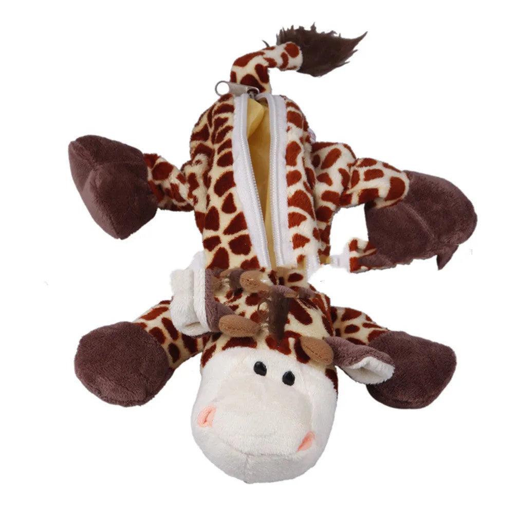 Round plush pencil case with Korean cartoon animal design, showing soft texture and dimensions.