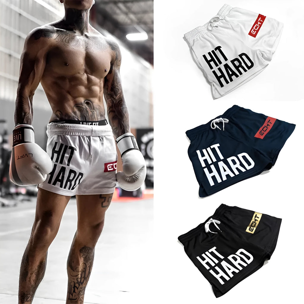 Men's quick-drying sports shorts in black, navy blue, and white, polyester blend, sizes M-3XL, no liner