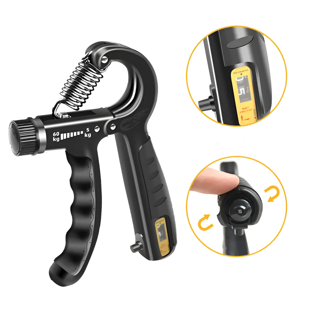 Black adjustable hand gripper with digital counter showing resistance dial and TPR handles