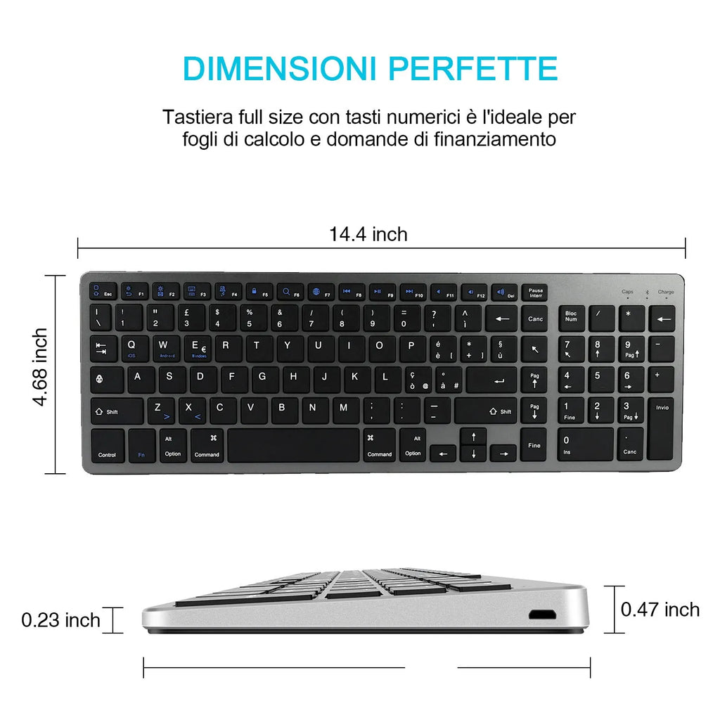 Thin white Bluetooth keyboard with 104 keys beside iPad showing wireless connectivity