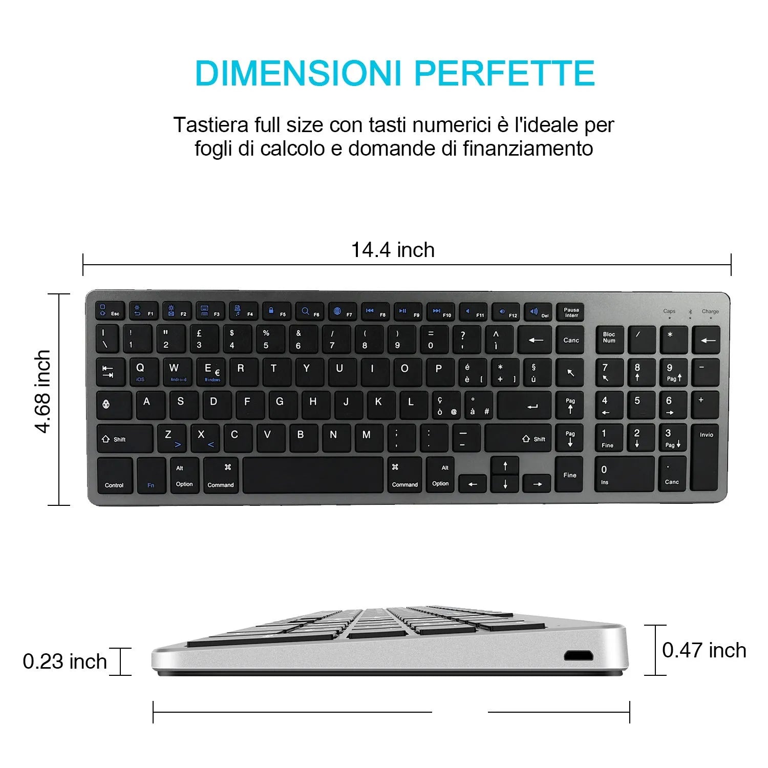 Thin white Bluetooth keyboard with 104 keys beside iPad showing wireless connectivity