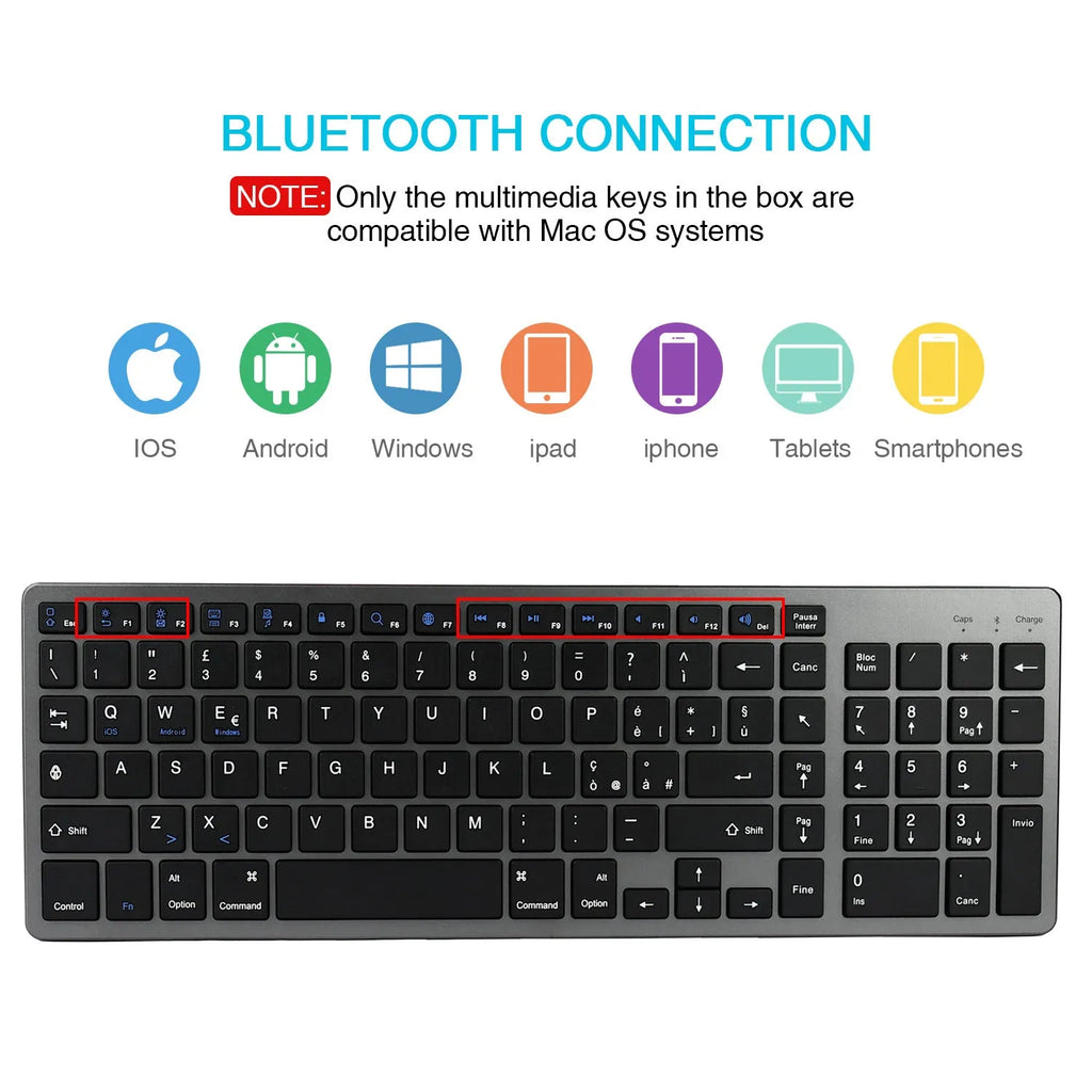 Thin white Bluetooth keyboard with 104 keys beside iPad showing wireless connectivity