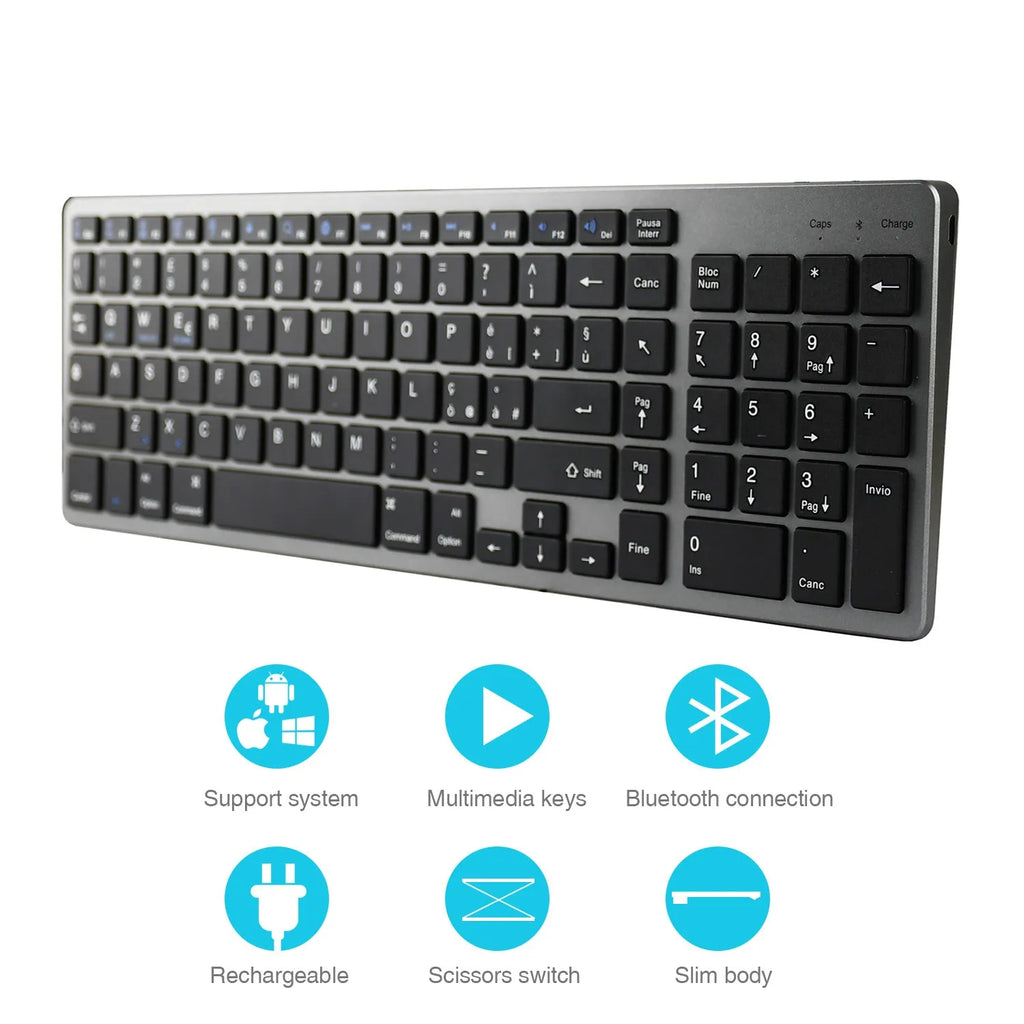 Thin white Bluetooth keyboard with 104 keys beside iPad showing wireless connectivity