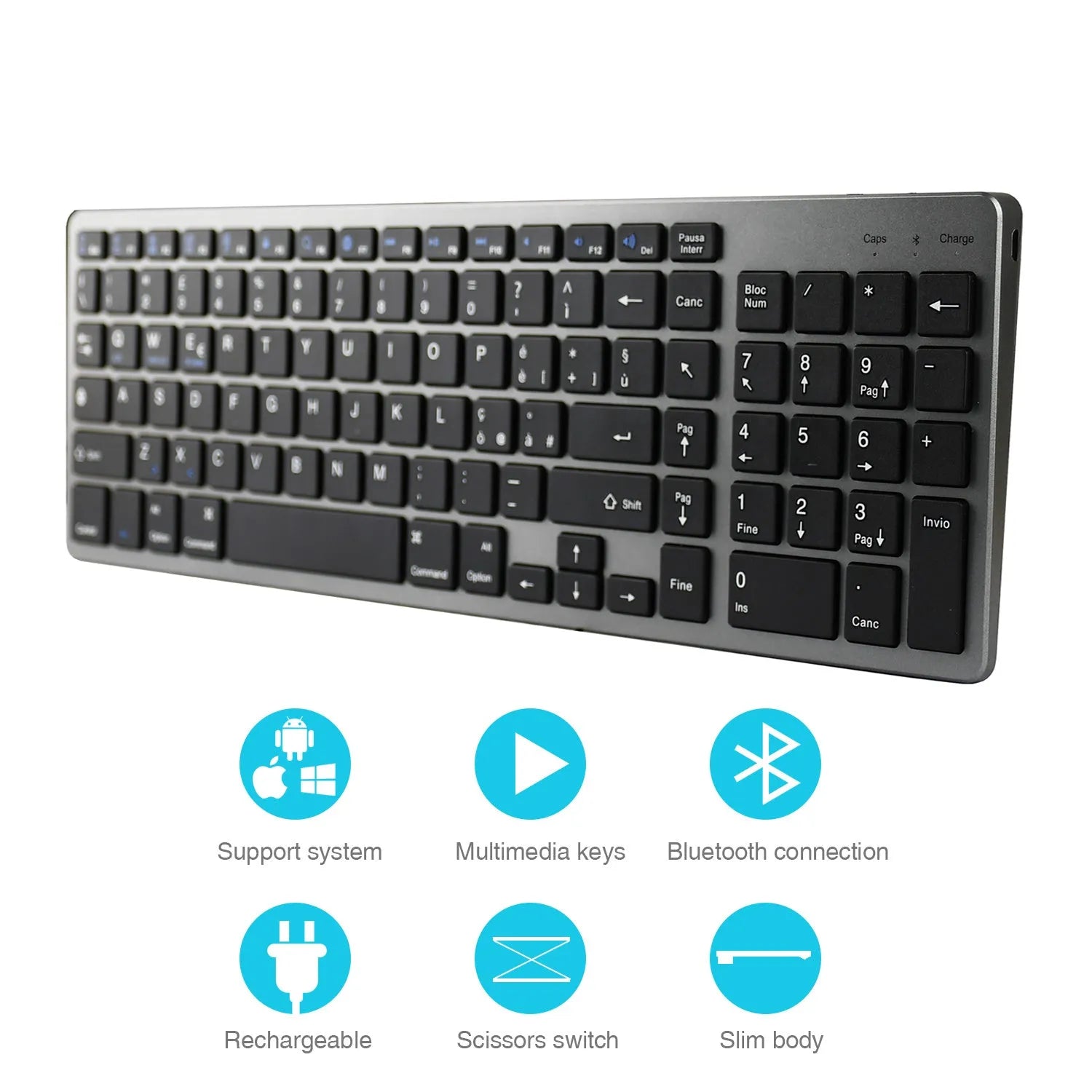 Thin white Bluetooth keyboard with 104 keys beside iPad showing wireless connectivity