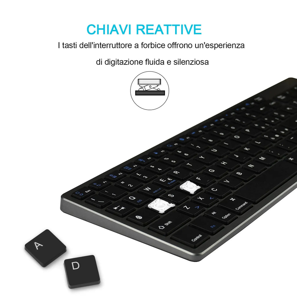 Thin white Bluetooth keyboard with 104 keys beside iPad showing wireless connectivity