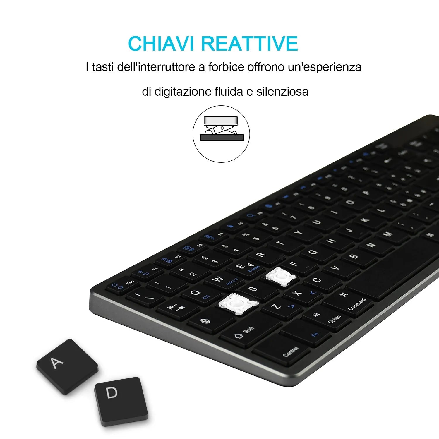 Thin white Bluetooth keyboard with 104 keys beside iPad showing wireless connectivity